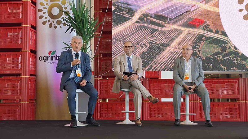 Da sinsitra il presidente di Confcooperative Agroalimentare e Pesca Raffaele Drei, Maicol Mercuriali, giornalista moderatore e il presidente di Confcooperative Maurizio Gardini